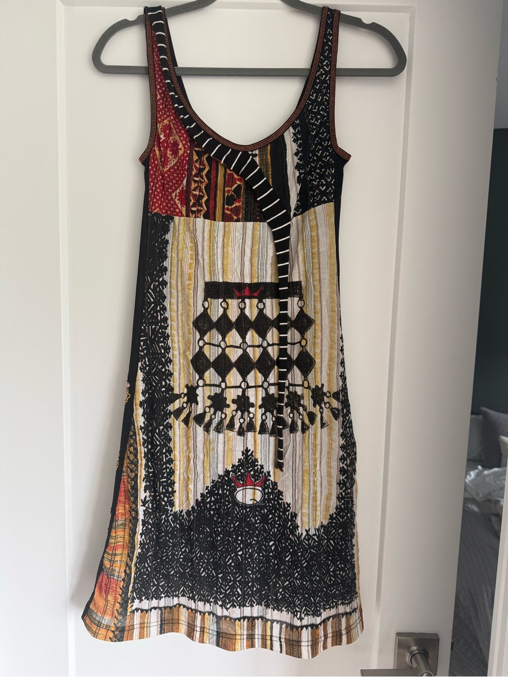 Save The Queen Sleeveless Patchwork Midi Dress in Black, Yellow and Red